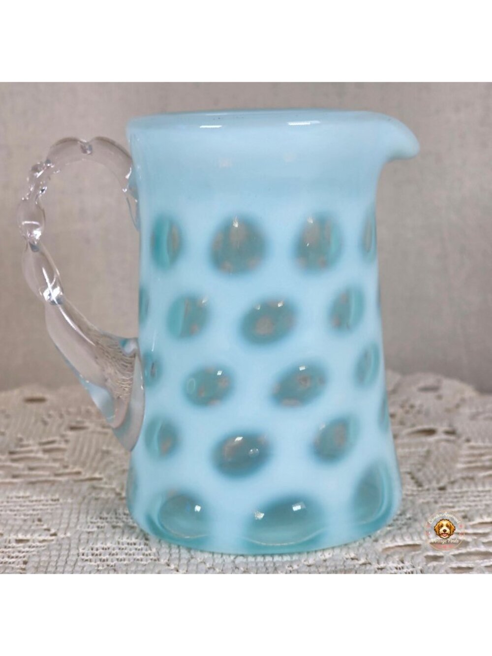 Vintage Fenton Blue Coin Dot Opalescent Glass Mini Pitcher 4"